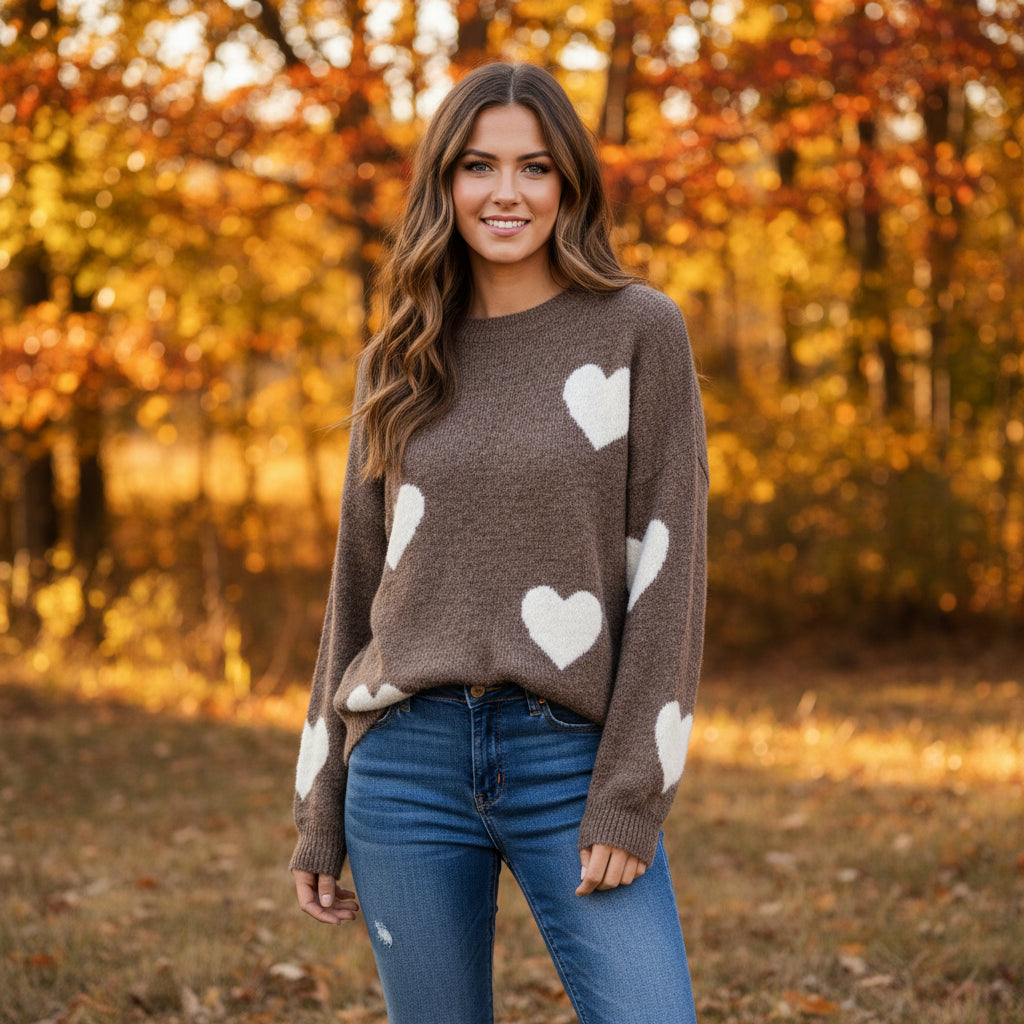 Midhurst Heart Wool Blend Mocha Brown Cosy Jumper - Sugarplum Boutique