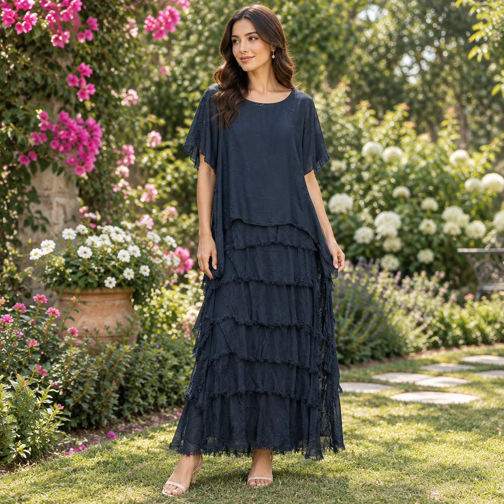 Millicent Charcoal Grey Silk Tier Maxi Dress - Sugarplum Boutique