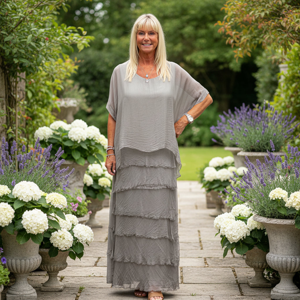 Millicent Grey Silk Tier Maxi Dress - Sugarplum Boutique