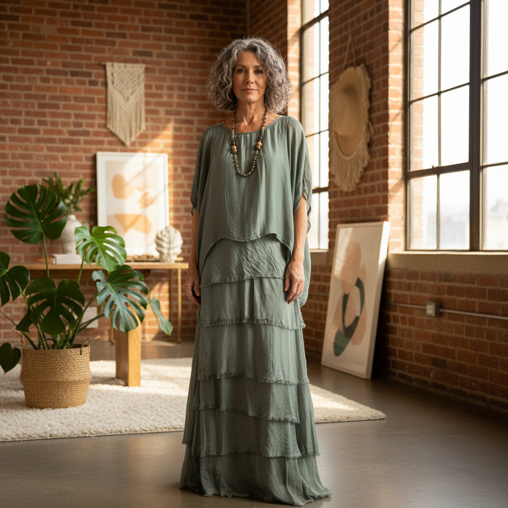 Millicent Khaki Green Silk Tier Maxi Dress - Sugarplum Boutique