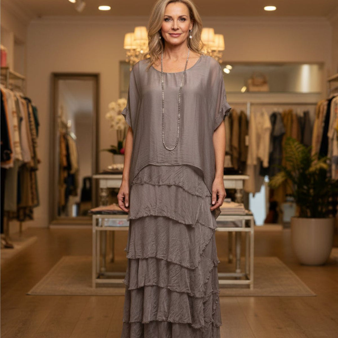 Millicent Mocha Brown Silk Tier Maxi Dress - Sugarplum Boutique
