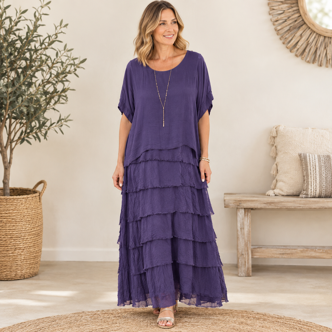 Millicent Purple Silk Tier Maxi Dress - Sugarplum Boutique