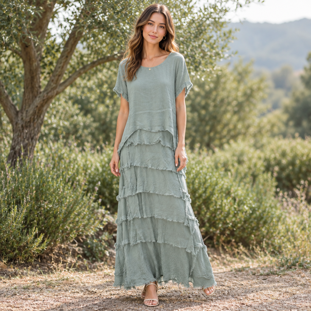 Millicent Sage Green Silk Tier Maxi Dress - Sugarplum Boutique