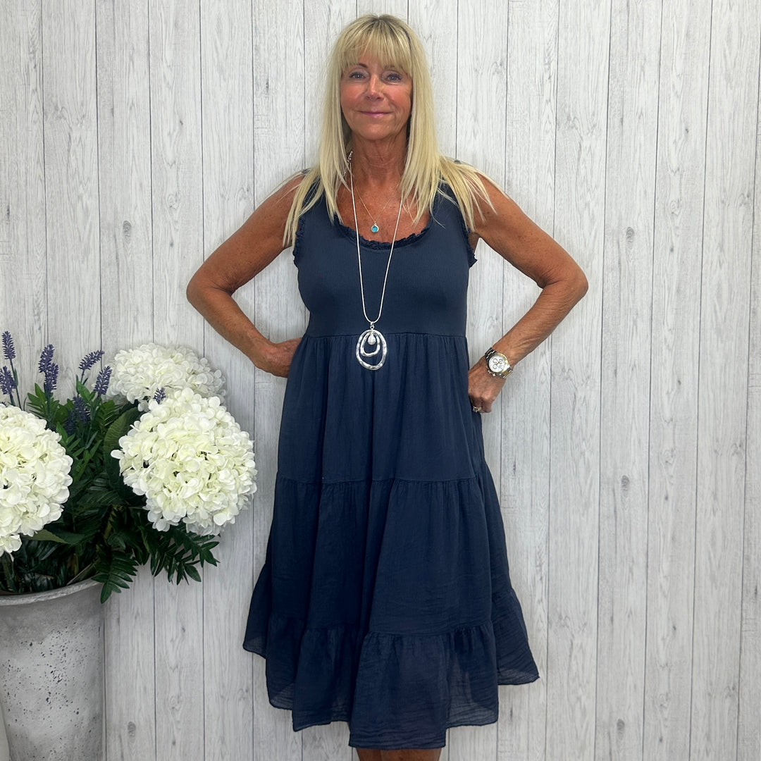 Millie Cotton Sleeveless Dress Navy Blue - Sugarplum Boutique