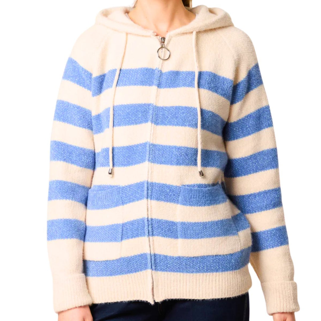 Mindy Denim Blue Striped Zip Up Cosy Hooded Cardigan - Sugarplum Boutique