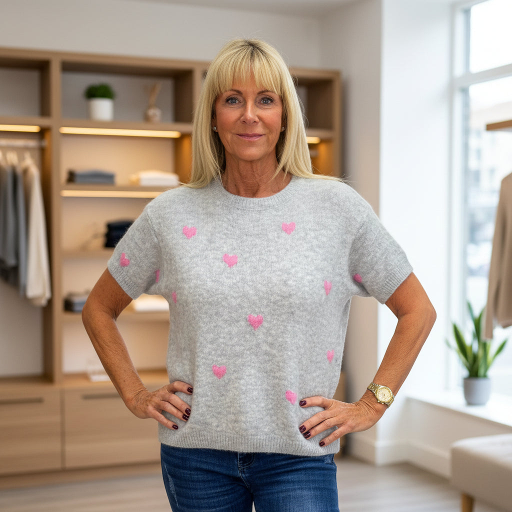 Mini Heart Light Grey Wool Mix Short Sleeve Jumper - Sugarplum Boutique