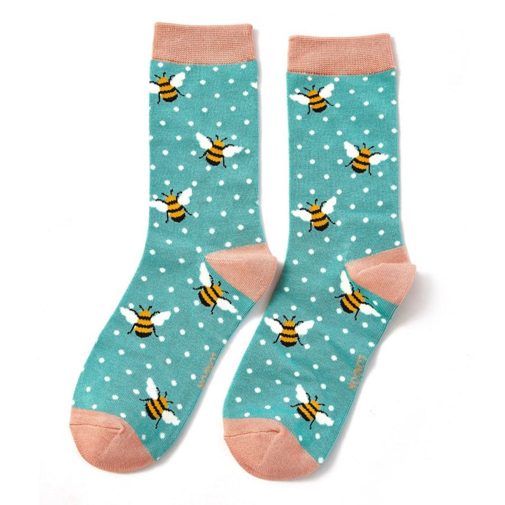 Miss Sparrow Bumble Bees Bamboo Ladies Socks Turquoise - Sugarplum Boutique