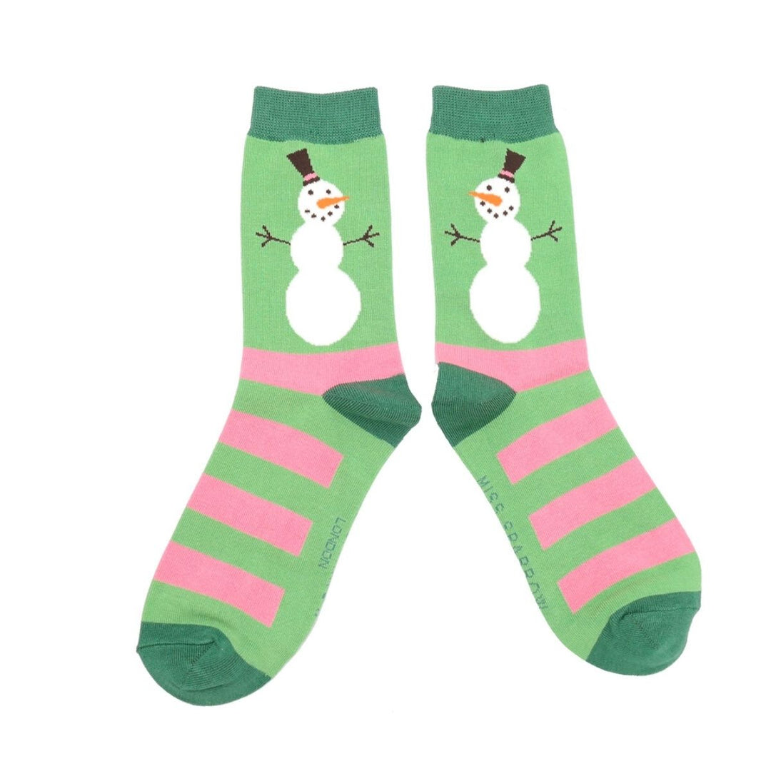Miss Sparrow Snowmen Stripes Ladies Bamboo Socks Green - Sugarplum Boutique