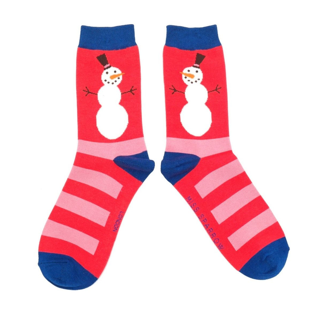 Miss Sparrow Snowmen Stripes Ladies Bamboo Socks Red - Sugarplum Boutique