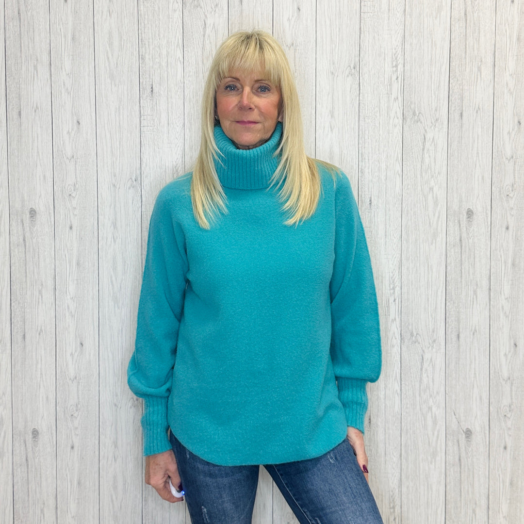Misty Aqua Blue Roll Neck Cosy Jumper - Sugarplum Boutique