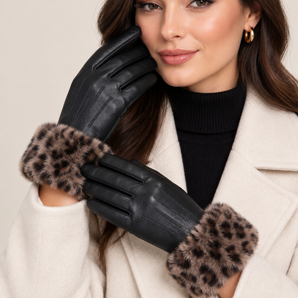 Mocha Animal Faux Fur Trim Gloves - Sugarplum Boutique