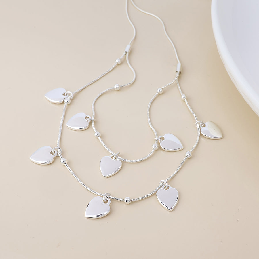 Moonbeam Silver Plated Double Strand Heart Short Necklace - Sugarplum Boutique