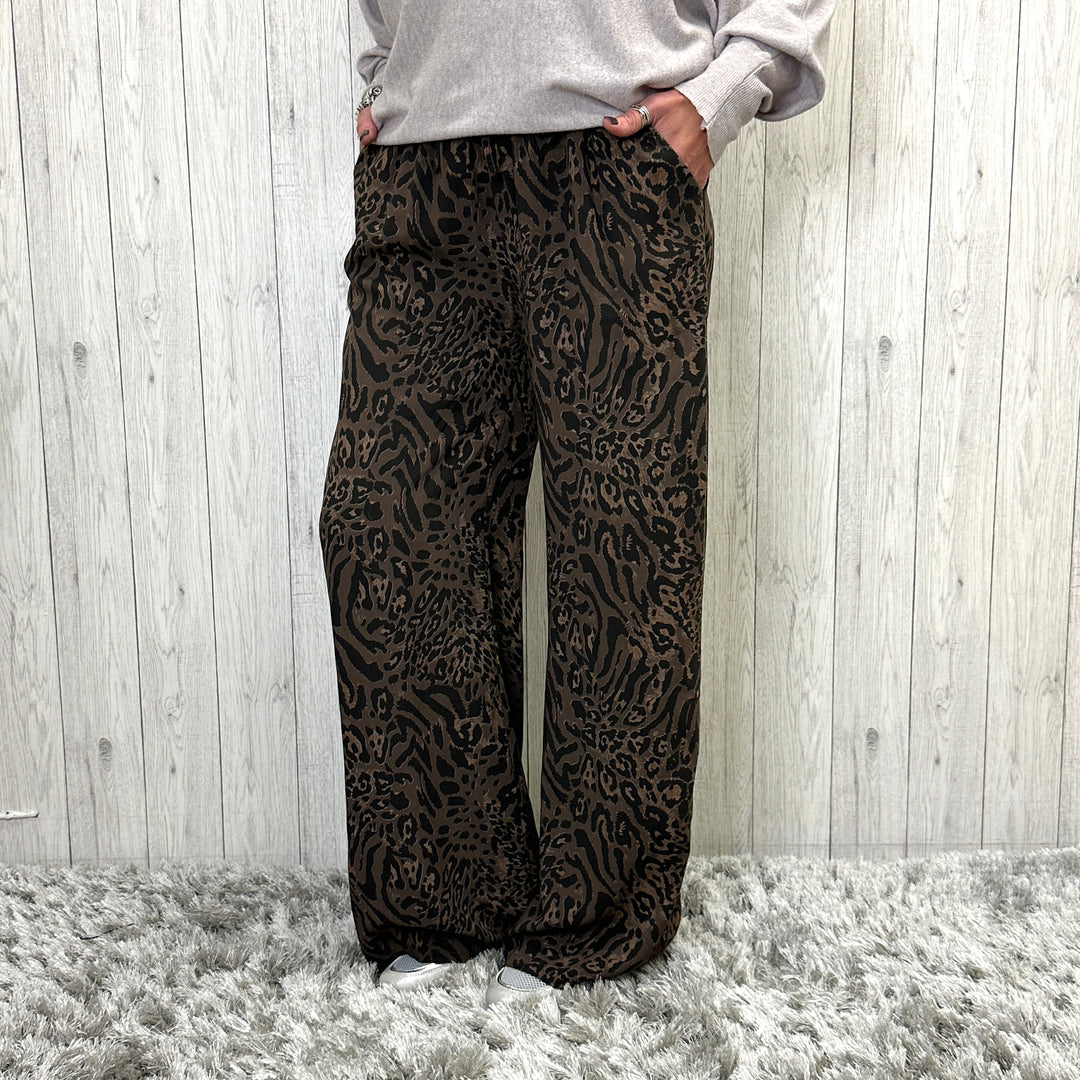 Moonlight Animal Print Wide Leg Trousers Chocolate Brown - Sugarplum Boutique