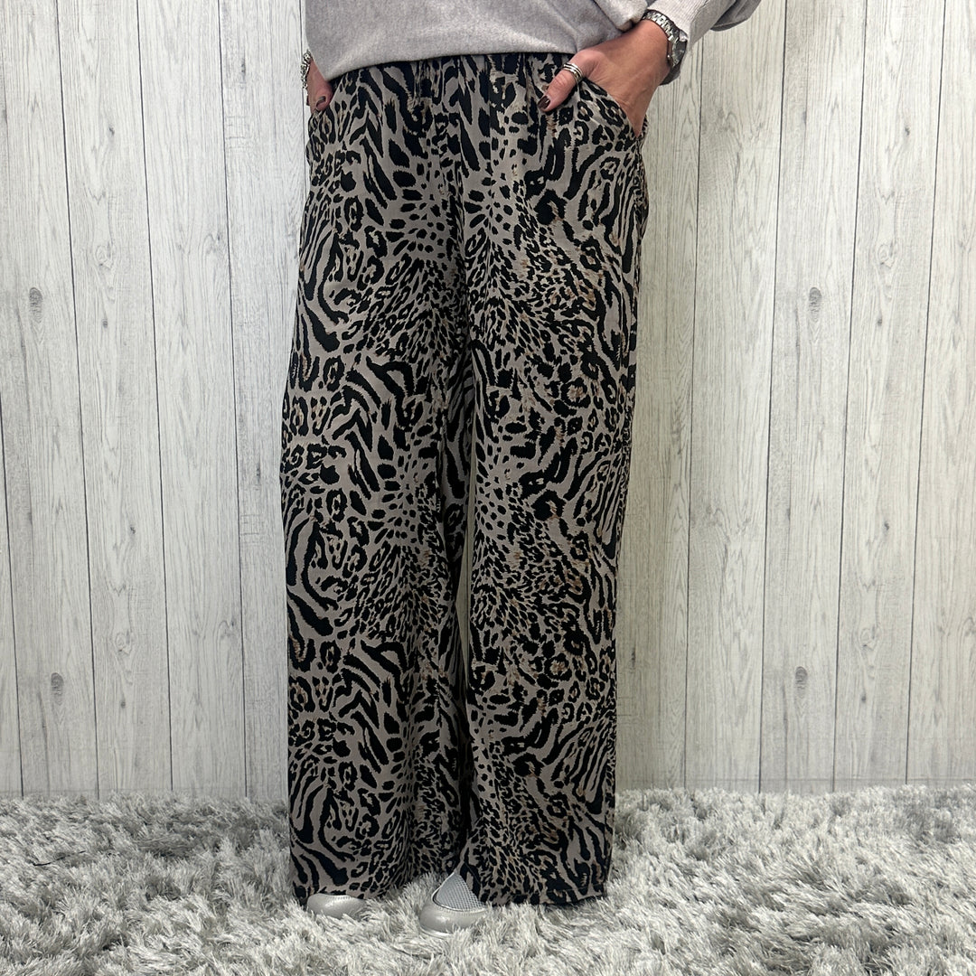 Moonlight Animal Print Wide Leg Trousers Mocha Brown -  Sugarplum Boutique