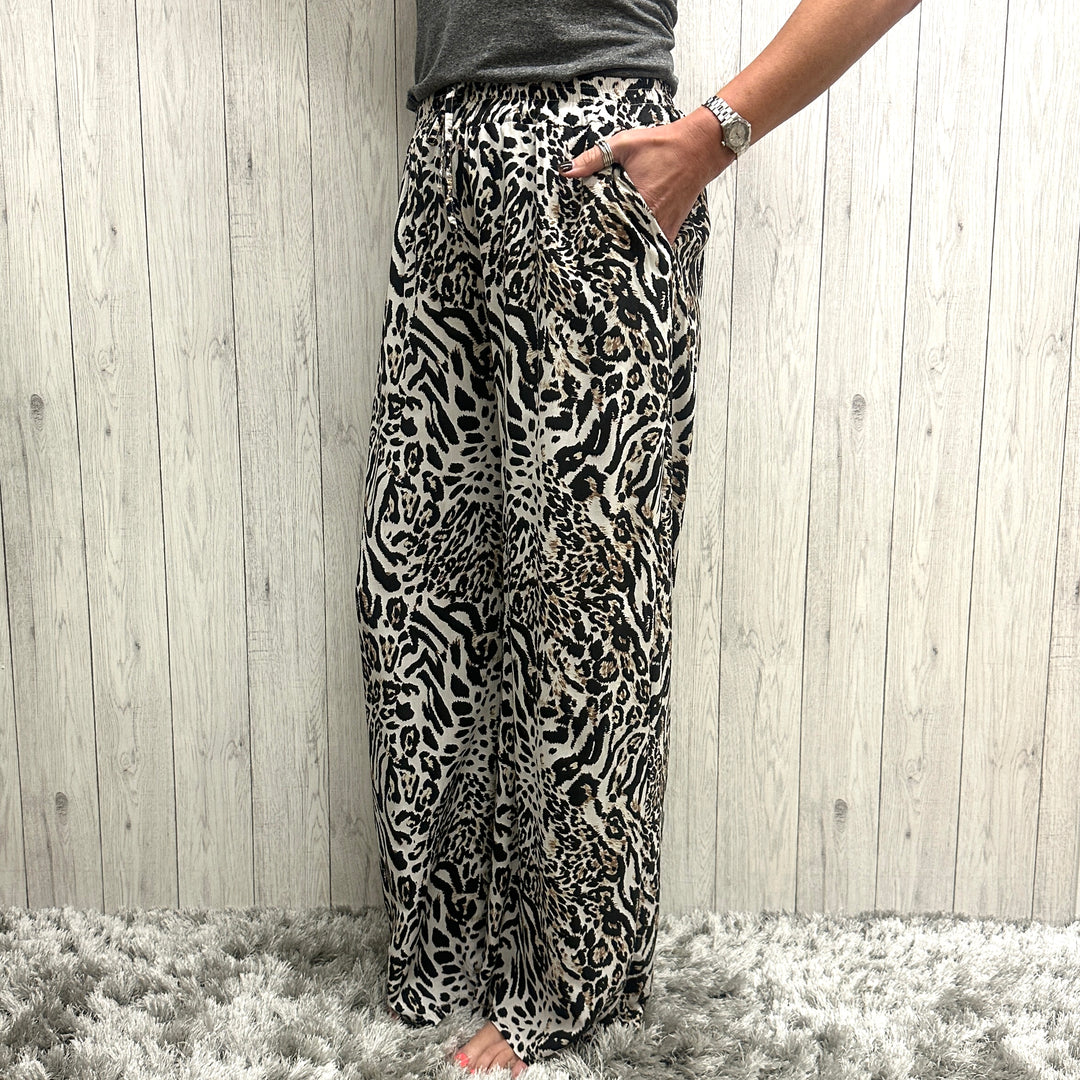 Moonlight Animal Print Wide Leg Trousers Stone - Sugarplum Boutique
