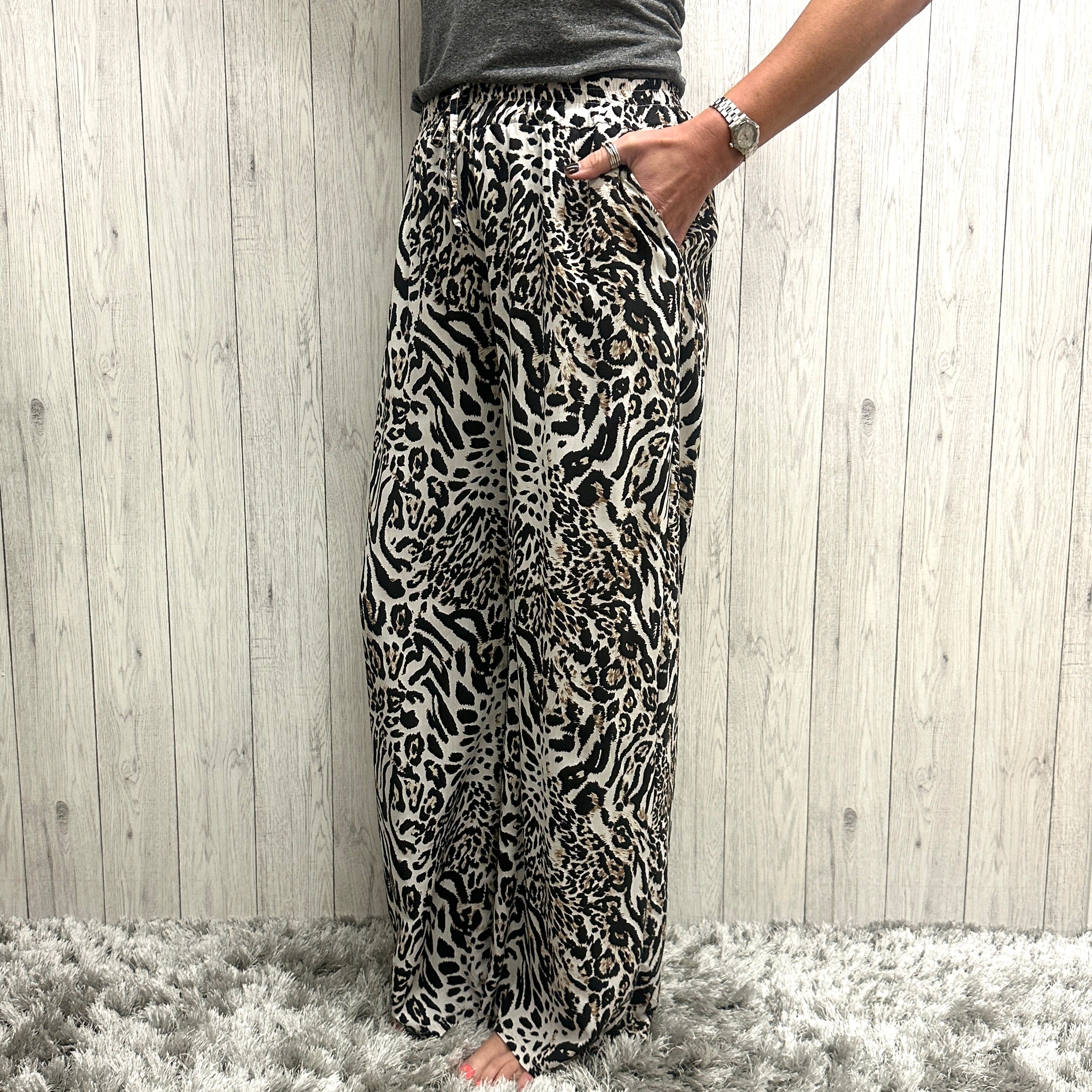 Moonlight Animal Print Wide Leg Trousers Stone - Sugarplum Boutique