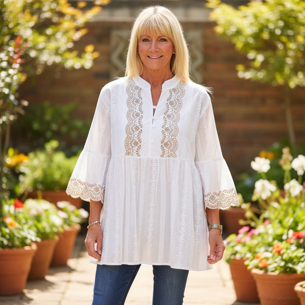 Myla Mocha Brown Trim Cotton Broderie Anglaise Tunic Top - Sugarplum Boutique