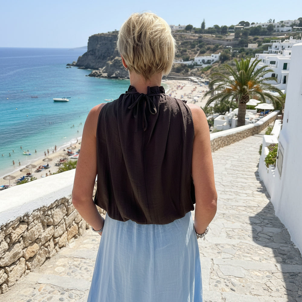 Nancy Beaded Decorative Neck Bubble Hem Chocolate Brown Sleeveless Top - Sugarplum Boutique