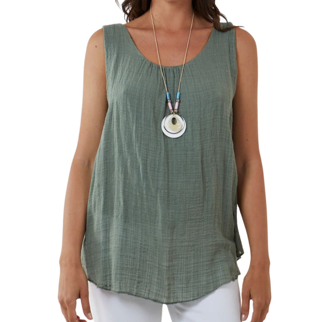 Nancy Cotton Blend Khaki Green Sleeveless Necklace Vest Top - Sugarplum Boutique