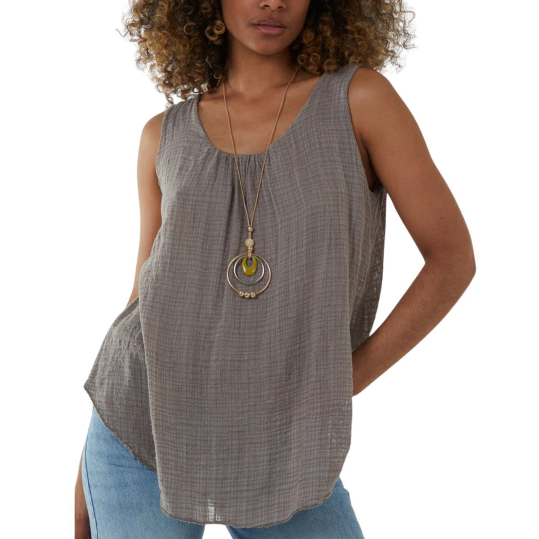 Nancy Cotton Blend Mocha Brown Sleeveless Necklace Vest Top - Sugarplum Boutique