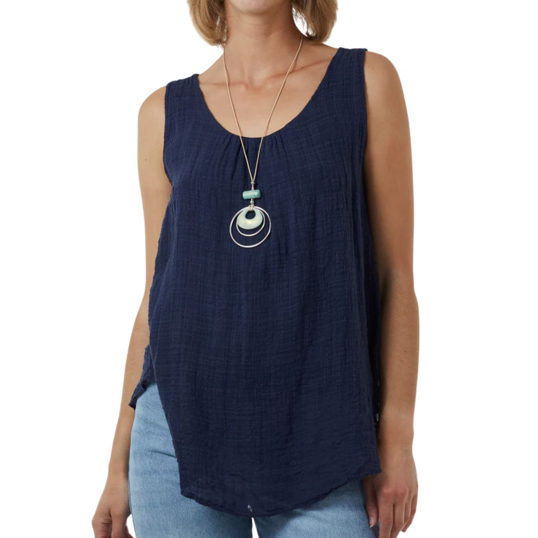 Nancy Cotton Blend Navy Blue Sleeveless Necklace Vest Top - Sugarplum Boutique
