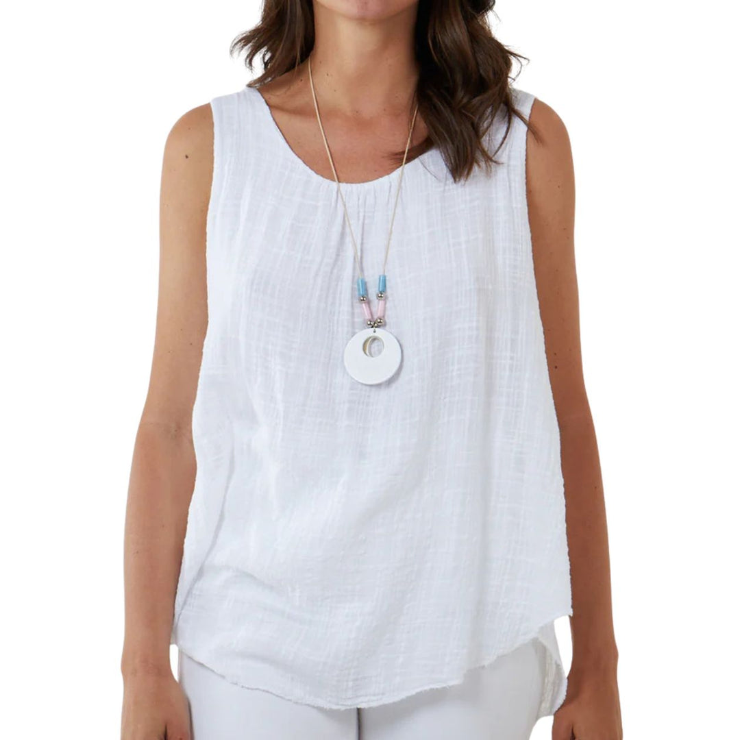 Nancy Cotton Blend White Sleeveless Necklace Vest Top - Sugarplum Boutique
