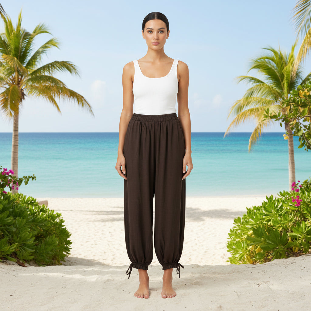 Nancy Harem Style Comfy Waistband Chocolate Brown Trousers - Sugarplum Boutique