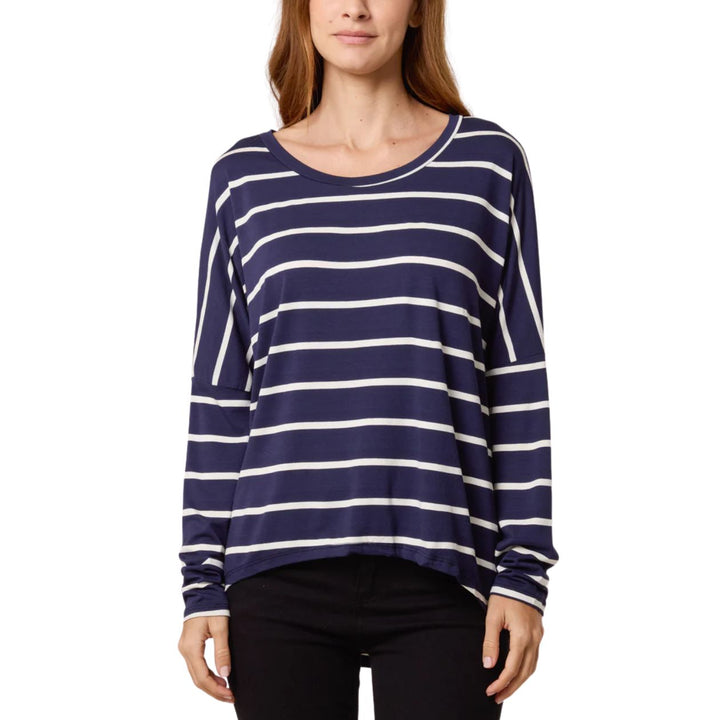 Nautical Navy Blue Scoop Neck Long Sleeve Stripe Top - Sugarplum Boutique
