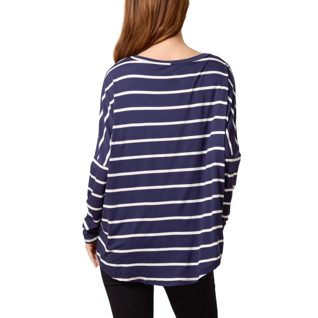 Nautical Navy Blue Scoop Neck Long Sleeve Stripe Top - Sugarplum Boutique