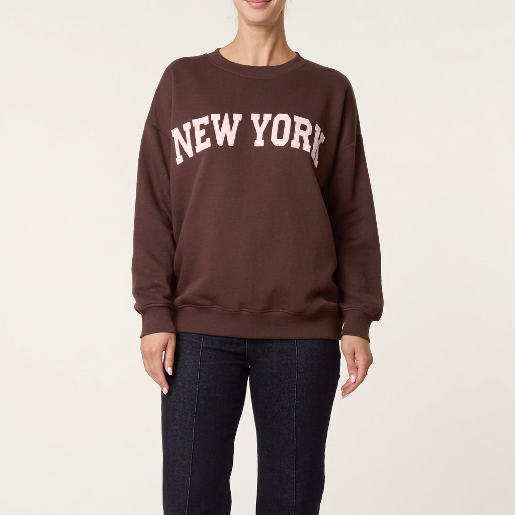 New York Chocolate Brown Cotton Mix Sweatshirt- Sugarplum Boutique