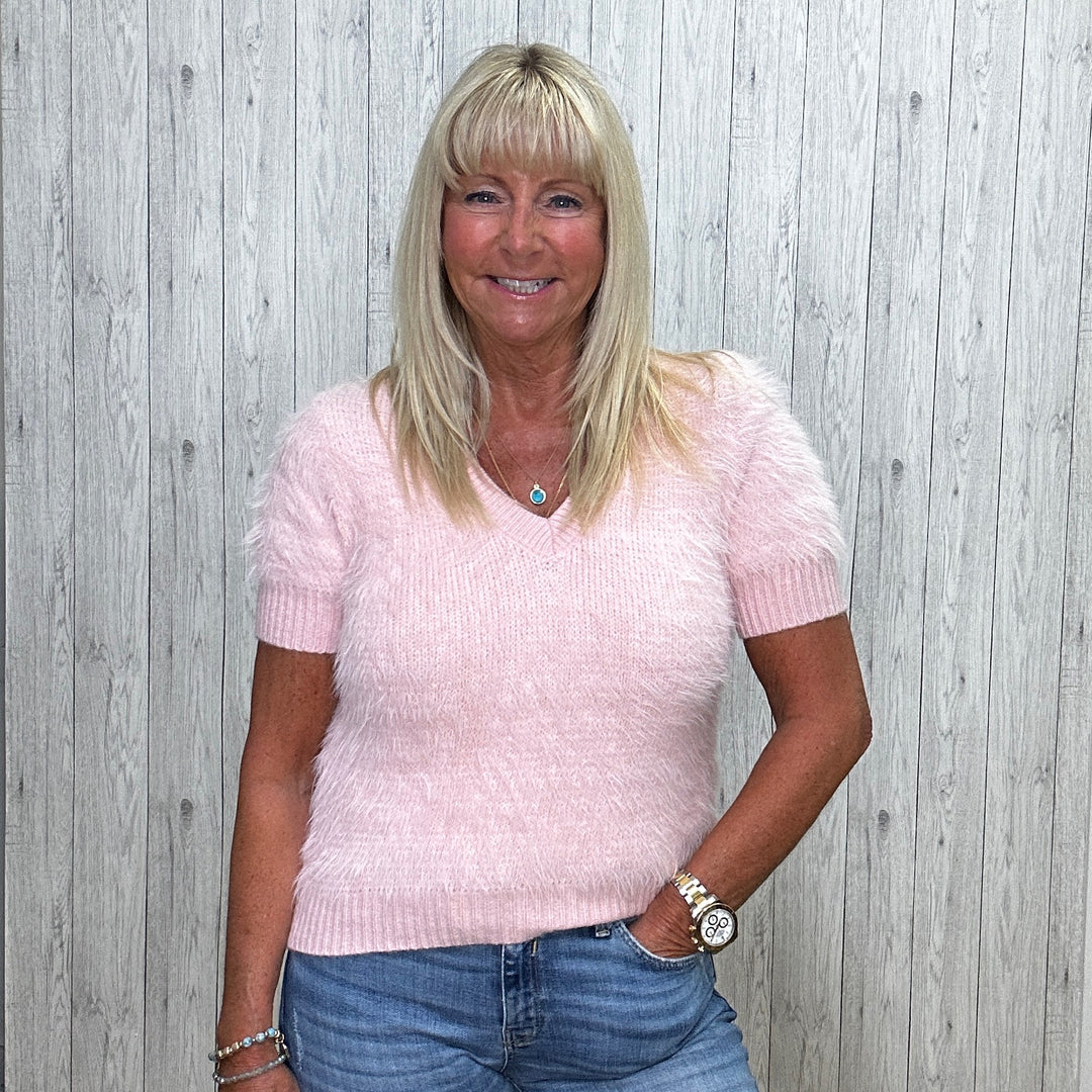 Ladies Pink Fluffy Jumper Nikki Fluffy V Neck Jumper Short Sleeves