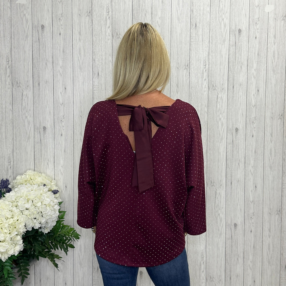 Olive Burgandy Red Sparkle Tie Back Top -  Sugarplum Boutique
