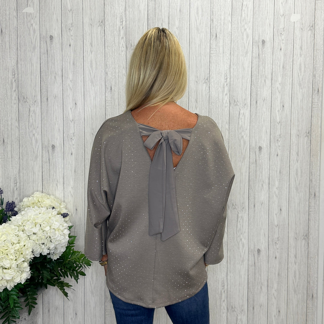 Olive Mocha Brown Sparkle Tie Back Top - Sugarplum Boutique