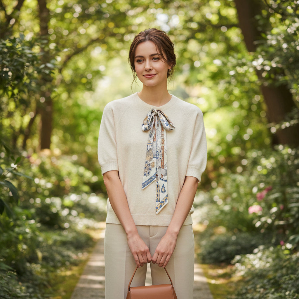 Opal Alpaca Mix Cream Short Sleeve Tie Neck Jumper - Sugarplum Boutique