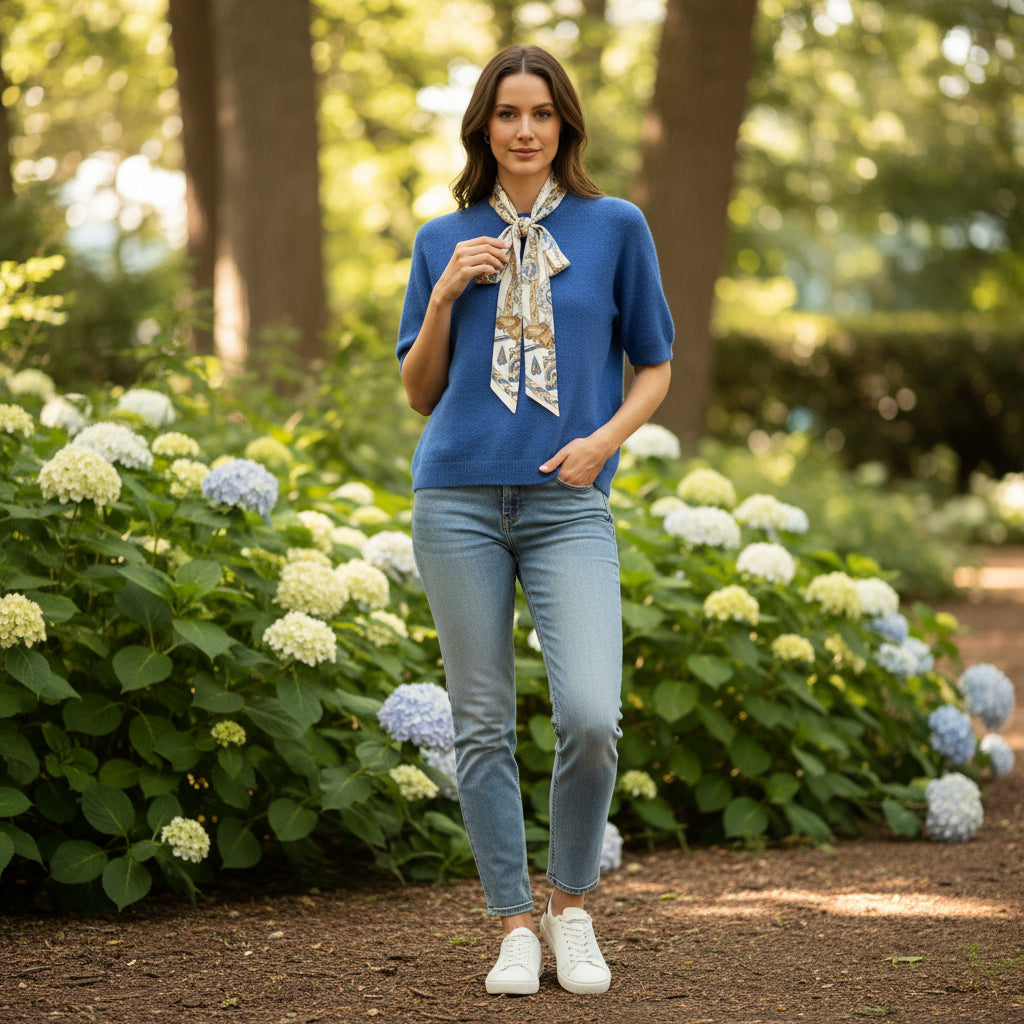 Opal Alpaca Mix Denim Blue Short Sleeve Tie Neck Jumper - Sugarplum Boutique