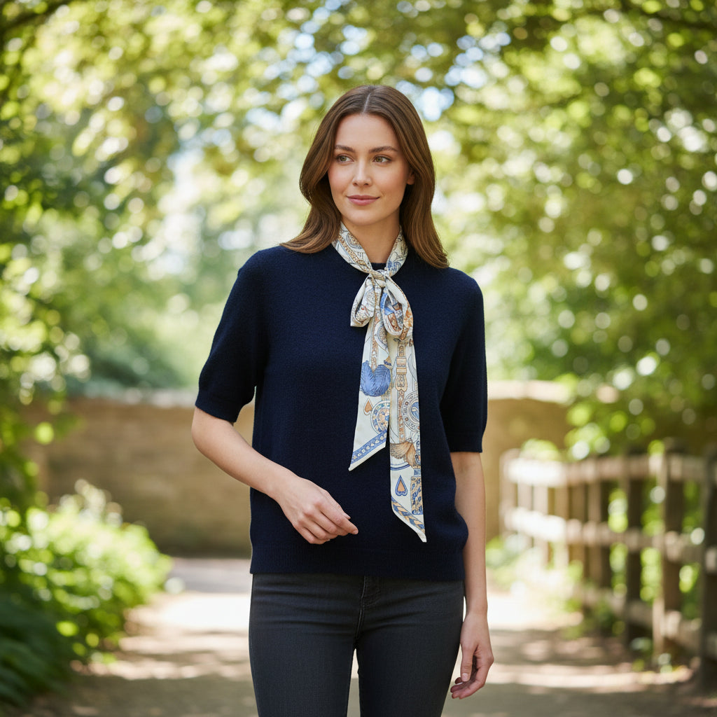 Opal Alpaca Mix Navy Blue Short Sleeve Tie Neck Jumper - Sugarplum Boutique