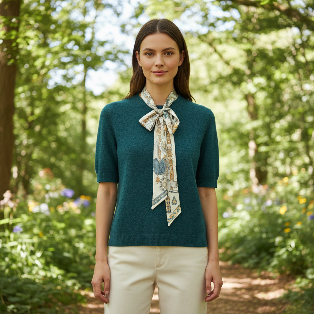 Opal Alpaca Mix Teal Green Short Sleeve Tie Neck Jumper - Sugarplum Boutique