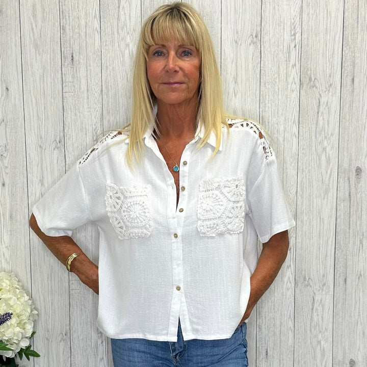 Ossie Linen Mix Crochet Crop Shirt White - Sugarplum Boutique