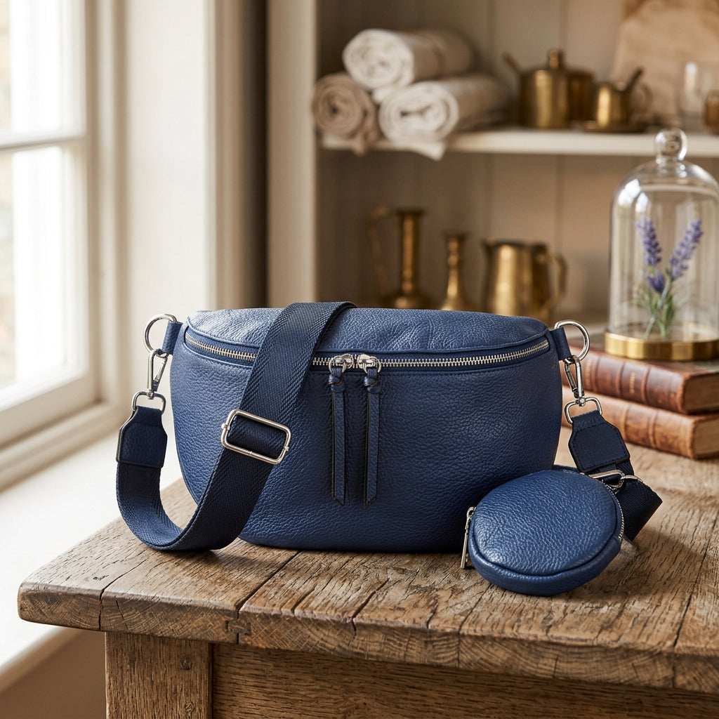 Over Body Faux Leather Detachable Strap Navy Blue Handbag - Sugarplum Boutique