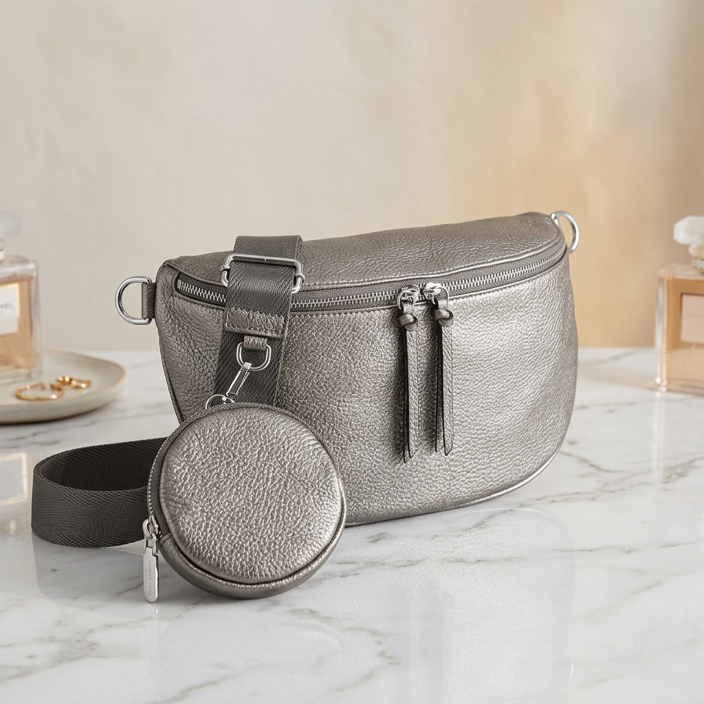 Over Body Faux Leather Detachable Strap Silver Grey Handbag - Sugarplum Boutique