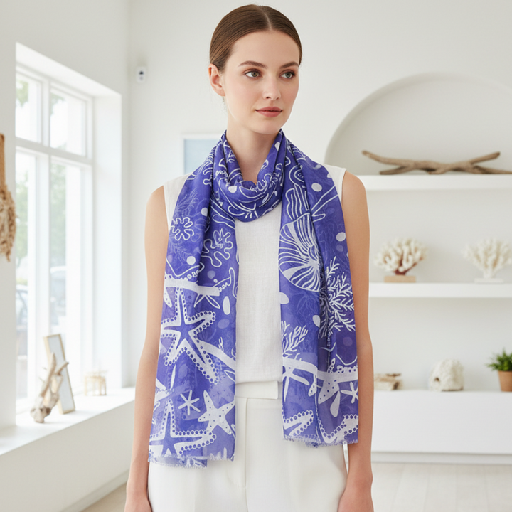 POM Blue Seashell Print Scarf