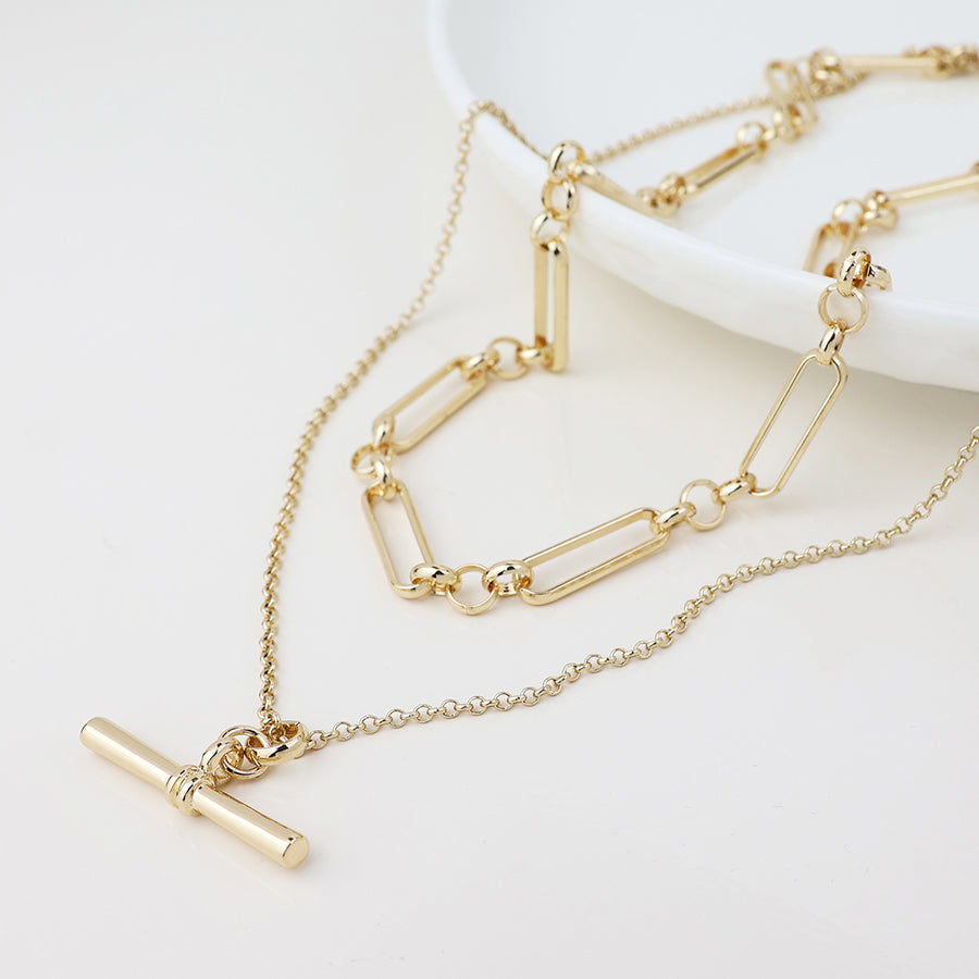 POM Golden Layered Chain T-Bar Short Necklace - Sugarplum Boutique