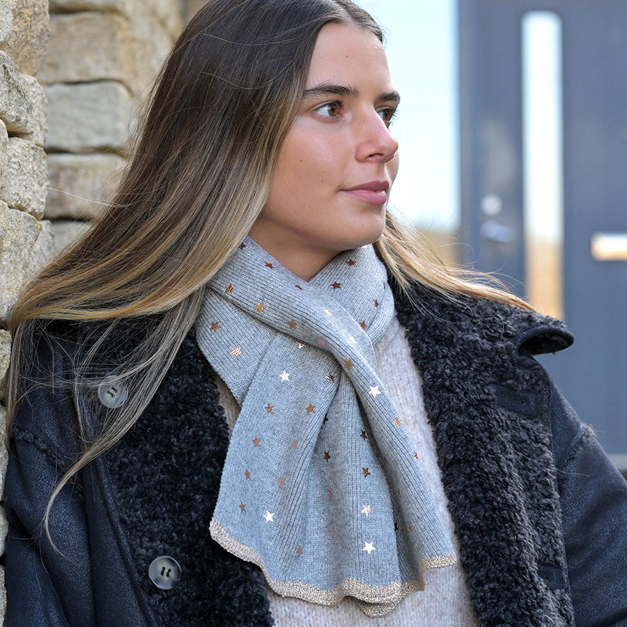 POM Grey Recycled Blend Metallic Stars Pull Through Scarf - Sugarplum Boutique
