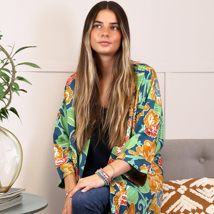 POM Long Graphic Floral Blue Ochre Print Kimono - Sugarplum Boutique