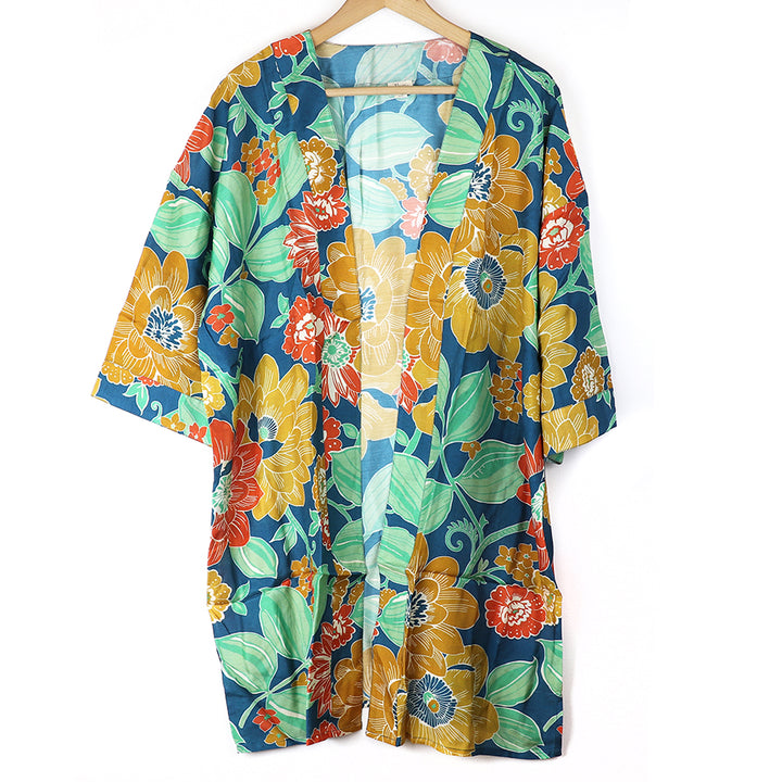 POM Long Graphic Floral Blue Ochre Print Kimono - Sugarplum Boutique