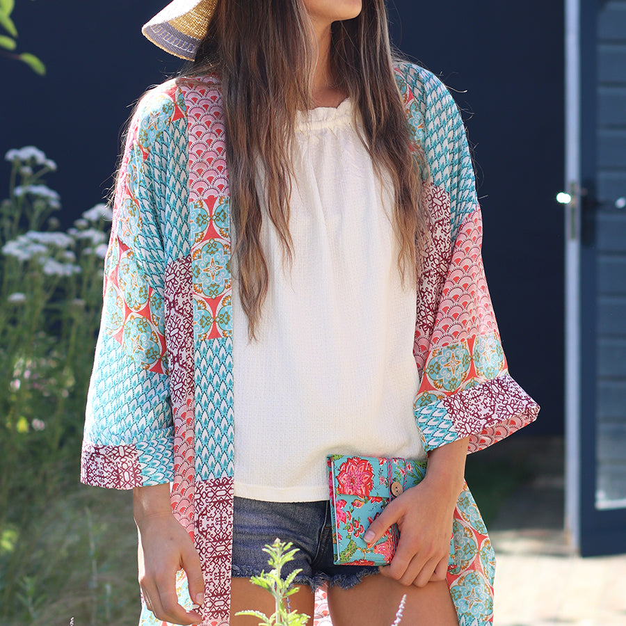POM Long Multi Print Red Blue Kimono - Sugarplum Boutique