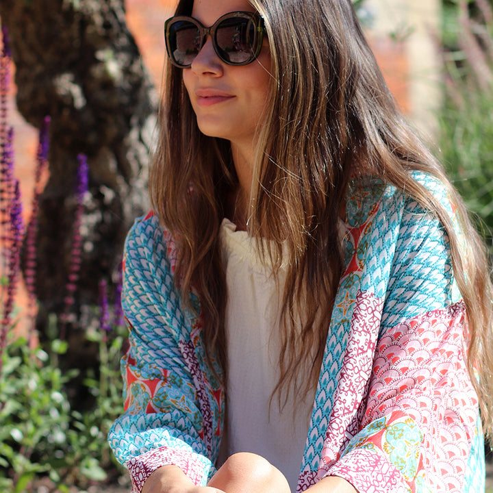 POM Long Multi Print Red Blue Kimono - Sugarplum Boutique