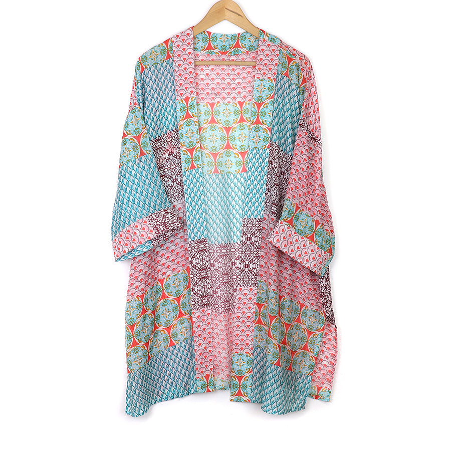 POM Long Multi Print Red Blue Kimono - Sugarplum Boutique
