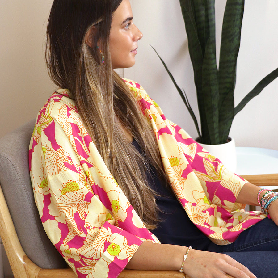 POM Long Pink Lime Mix Tropical Floral Print Kimono - Sugarplum Boutique