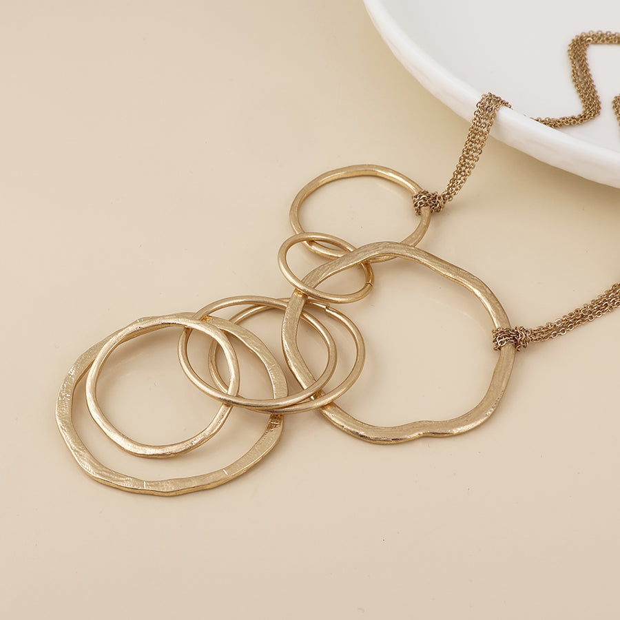POM Luna Golden Worn Linked Rings Statement Long Necklace - Sugarplum Boutique